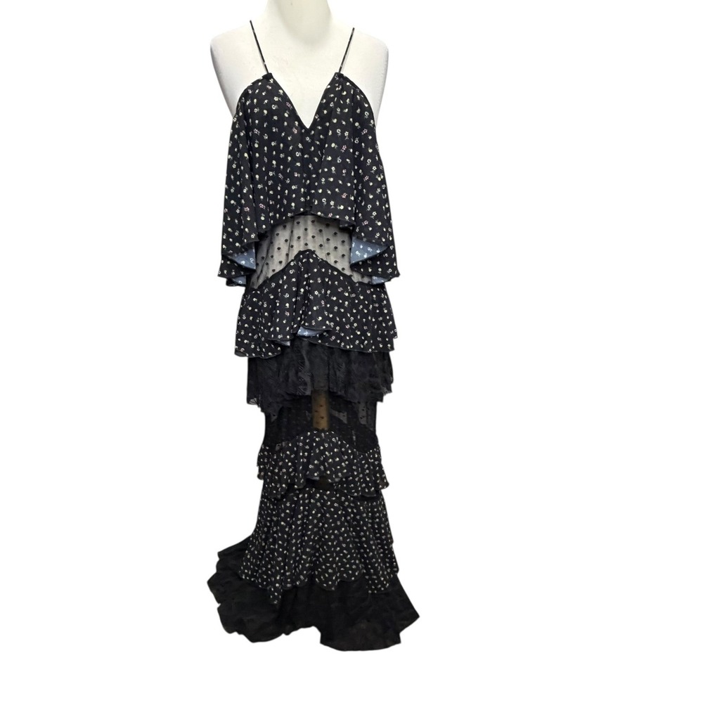Ixiah Ruffled Tiered Maxi Dress Black Ditsy Floral Sheer Mesh Boho Luxury Resort